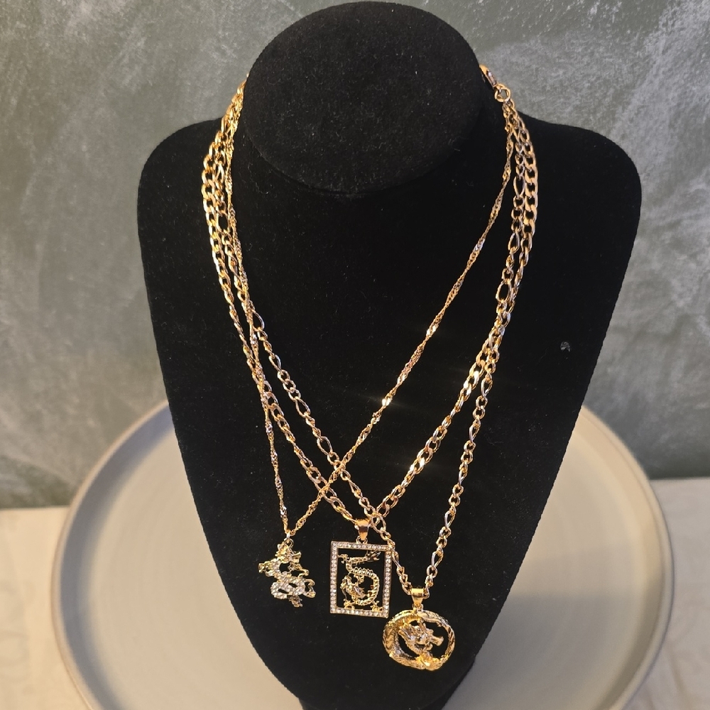 3 Dragon Gold Chain Link Necklace Set, Different Designs New